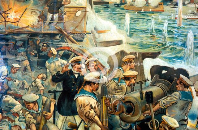 Naval battle between Russian and Japanese fleets, Russo-Japanese War, 1904-5. Artist: Unknown