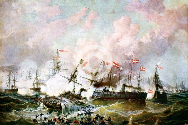 Naval battle between the Austrian and Italian fleets, 1866, (19th Century). Artist: Josef Karl Berthold Puttner