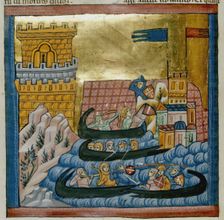 Naval battle between the fleets of Crete and Athens, with troops in a ship..., c1285. Creator: Unknown
