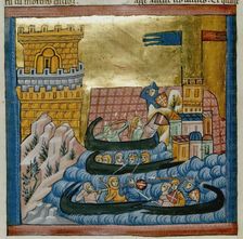 Naval battle between the fleets of Crete and Athens, with troops in a ship..., c1285. Creator: Unknown