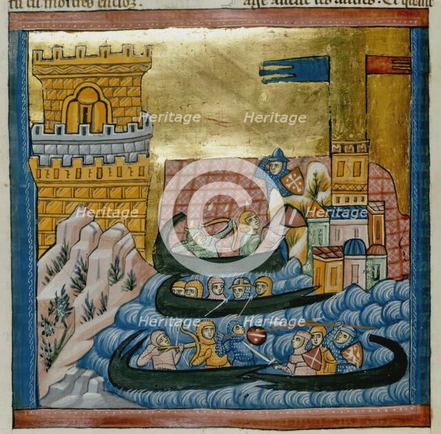Naval battle between the fleets of Crete and Athens, with troops in a ship..., c1285. Creator: Unknown.
