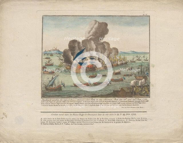 Naval battle between the Russian and Ottoman fleet in the Black Sea on June 28 and 29, 1788, 1788. Creator: Anonymous.