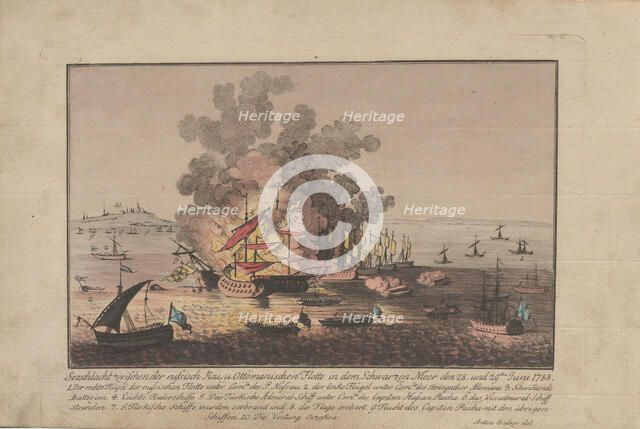 Naval battle between the Russian and Ottoman fleet in the Black Sea on June 28 and 29, 1788, 1788. Creator: Balzer, Anton (1771-1807).