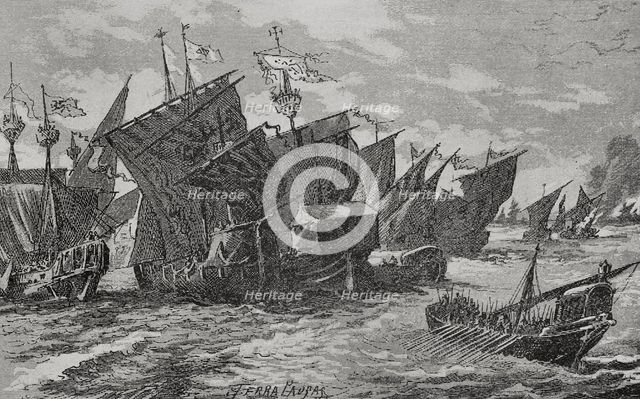 Naval battle in front of Alghero between Catalans, Venetians, Genoese and Sardinians, 1890. Creator: Joan Serra y Pausas.