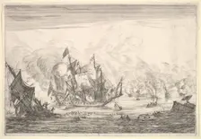 Naval Battle with an English Ship Foundering on the Left, from Naval Battles (Nieuwe Sc..., 1652-54. Creator: Reinier Zeeman