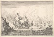 Naval Battle with an English Ship Foundering on the Left, from Naval Battles (Nieuwe Sc..., 1652-54. Creator: Reinier Zeeman