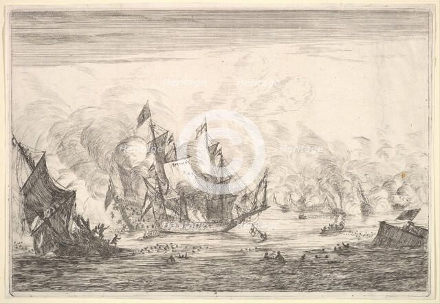 Naval Battle with an English Ship Foundering on the Left, from Naval Battles (Nieuwe Sc..., 1652-54. Creator: Reinier Zeeman.
