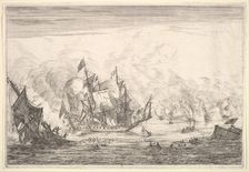 Naval Battle with an English Ship Foundering on the Left, from Naval Battles (Nieuwe Sc..., 1652-54. Creator: Reinier Zeeman