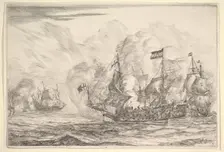 Naval Encounter with Three Vessels on the Right, from Naval Battles (Nieuwe Scheeps Bat..., 1652-54. Creator: Reinier Zeeman