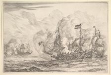 Naval Encounter with Three Vessels on the Right, from Naval Battles (Nieuwe Scheeps Bat..., 1652-54. Creator: Reinier Zeeman