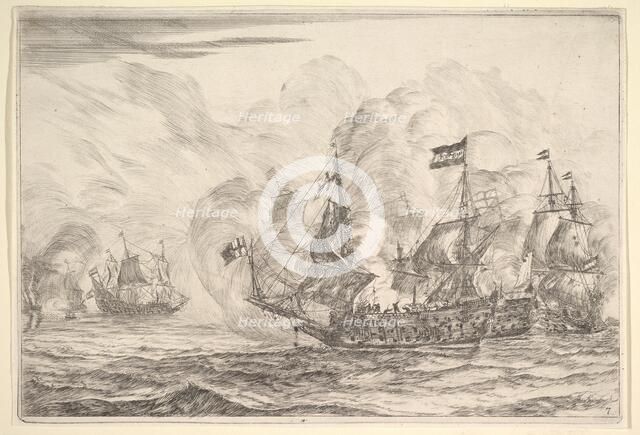 Naval Encounter with Three Vessels on the Right, from Naval Battles (Nieuwe Scheeps Bat..., 1652-54. Creator: Reinier Zeeman.