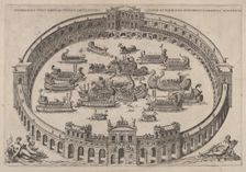 Naval engagement set inside a Roman arena, with the river Tiber and nymphs at lower lef..., 1577-85. Creator: Etienne Duperac