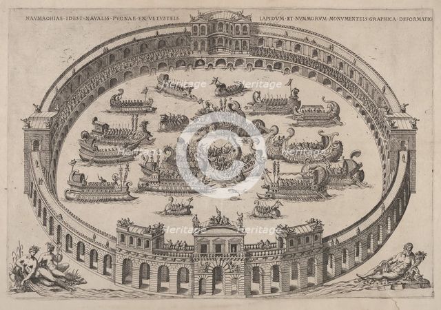 Naval engagement set inside a Roman arena, with the river Tiber and nymphs at lower lef..., 1577-85. Creator: Etienne Duperac.