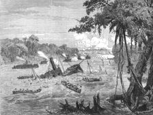 Naval Warfare in Paraguay, destruction of a Brazilian gunboat by a torpedo; A visit to..., 1875. Creator: Unknown