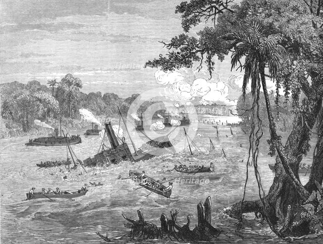 'Naval Warfare in Paraguay, destruction of a Brazilian gunboat by a torpedo; A visit to..., 1875. Creator: Unknown.