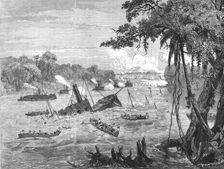 Naval Warfare in Paraguay, destruction of a Brazilian gunboat by a torpedo; A visit to..., 1875. Creator: Unknown