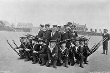 Naval training on shore; forming a rallying group 1896. Artist: W Gregory