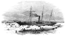 Navigation of the Elbe - the Steamer "Pollux" cutting through the ice at Altona, 1856. Creator: Unknown