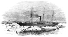 Navigation of the Elbe - the Steamer "Pollux" cutting through the ice at Altona, 1856. Creator: Unknown
