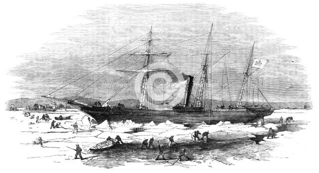 Navigation of the Elbe - the Steamer "Pollux" cutting through the ice at Altona, 1856.  Creator: Unknown.