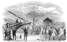 Navvies embarking at the Birkenhead Docks, 1854. Creator: Unknown