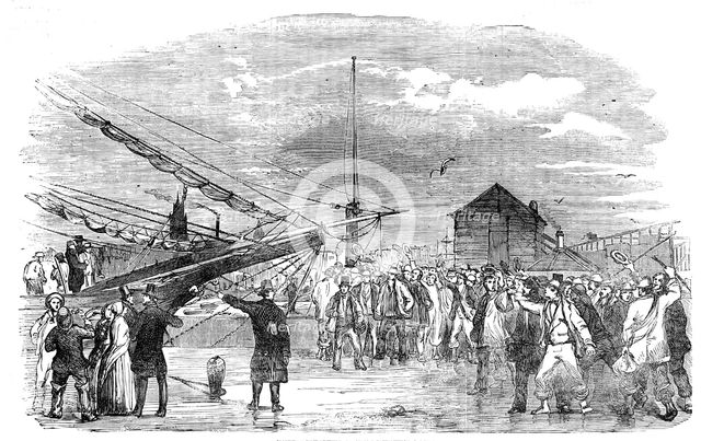 Navvies embarking at the Birkenhead Docks, 1854. Creator: Unknown.