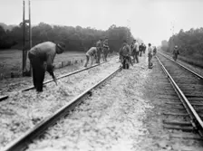 Navvies strengthen the railway between Stockholm and Malmö, Sweden, 1930s. Creator: Karl Sandels