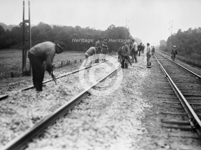 Navvies strengthen the railway between Stockholm and Malmö, Sweden, 1930s. Artist: Karl Sandels