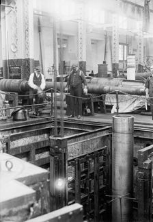 Navy Yard, U.S., Washington - 14 Inch Gun; Various Operations in Shrinking Jacket On It, 1917. Creator: Harris & Ewing