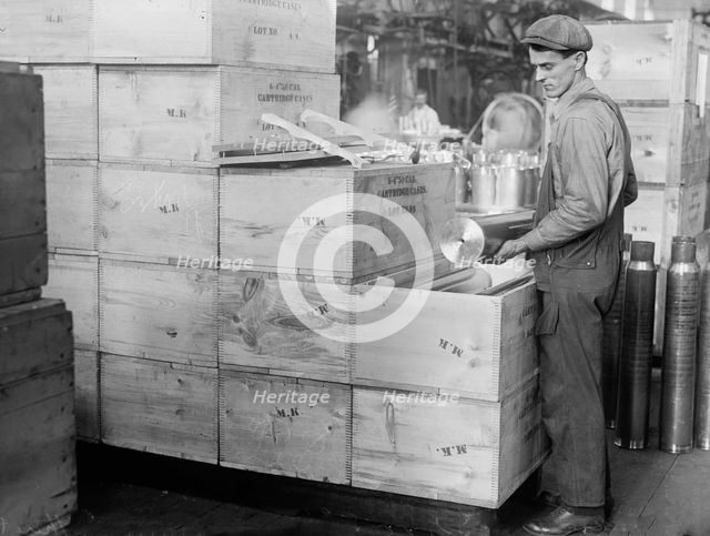Navy Yard, U.S., Washington - Packing And Handling Cartridge Cases, 1917. Creator: Harris & Ewing.