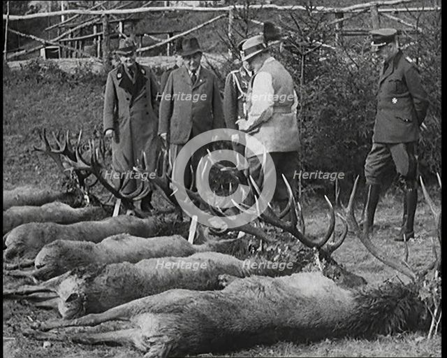 Nazi Officer Hermann Goering in Hunting Dress Showing His Colleagues a Line of Deer He Has..., 1931. Creator: British Pathe Ltd.