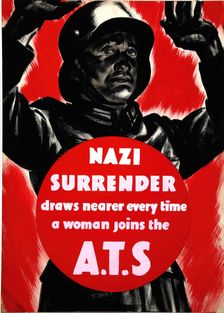 Nazi surrender draws nearer every time a woman joins the A.T.S WWII poster, between 1939 & 1946. Creators: Central Office of Information, Unknown