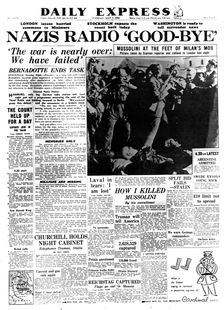 Nazis Radio Good-bye front page of the Daily Express, 1 May 1945