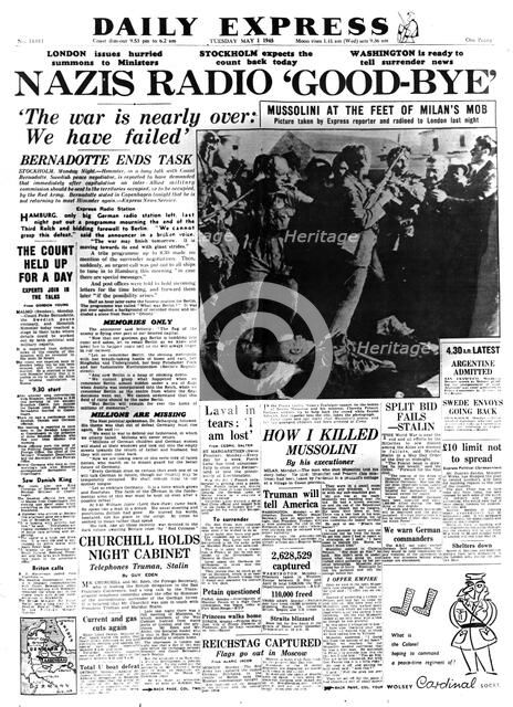 Nazis Radio 'Good-bye', front page of the Daily Express, 1 May 1945. Artist: Unknown