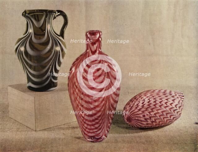 'Nailsea jug and flasks', late 18th-first half of the 19th century, (1946). Creator: Unknown.
