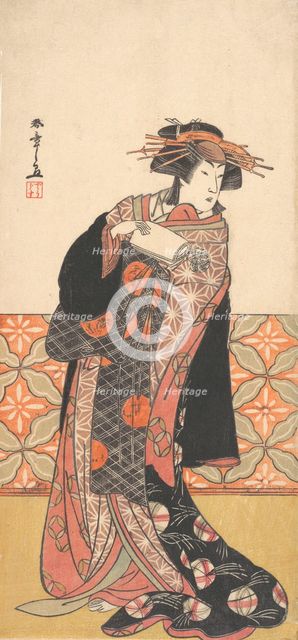 Nakamura Riko as Richly Clad Courtesan Standing in a Room, ca. 1778. Creator: Shunsho.