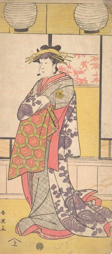 Nakayama Tatezo as a Courtesan Standing, Facing Toward the Left, ca. 1792-93. Creator: Katsukawa Shun'ei