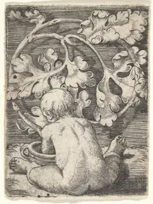 Naked Child Seen from Back Seated in Front of a Vessel, mid-17th century. Creator: Barthel Beham