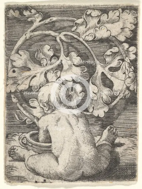 Naked Child Seen from Back Seated in Front of a Vessel, mid-17th century. Creator: Barthel Beham.
