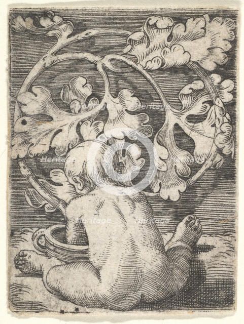 Naked Child Seen from Back Seated in Front of a Vessel, mid-17th century. Creator: Barthel Beham.