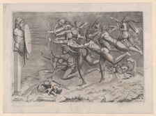 Naked archers shooting at a target attached to a herm, Cupid sleeping below, possib..., ca. 1540-60. Creator: Nicolas Beatrizet