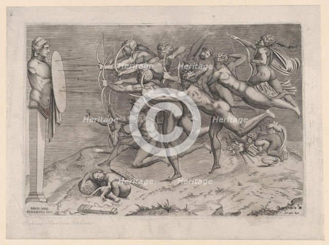 Naked archers shooting at a target attached to a herm, Cupid sleeping below, possib..., ca. 1540-60. Creator: Nicolas Beatrizet.