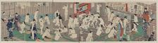 Naked bodies compared to irises in hot water... , 1868. Creator: Kunichika, Toyohara (1835-1900)