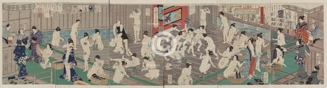 Naked bodies compared to irises in hot water... , 1868. Creator: Kunichika, Toyohara (1835-1900).