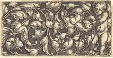 Naked Infant Holding a Double Scroll of Leafy Ornament. Creator: Heinrich Aldegrever