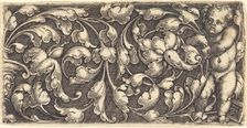 Naked Infant Holding a Double Scroll of Leafy Ornament. Creator: Heinrich Aldegrever
