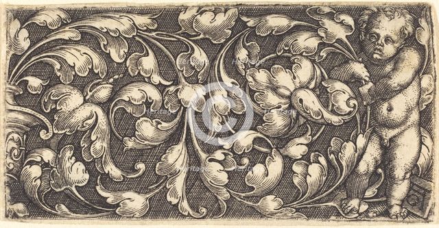 Naked Infant Holding a Double Scroll of Leafy Ornament. Creator: Heinrich Aldegrever.