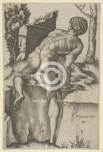 Naked man viewed from behind climbing a river bank, after Michelangelo, ca. 1509. Creator: Marcantonio Raimondi.