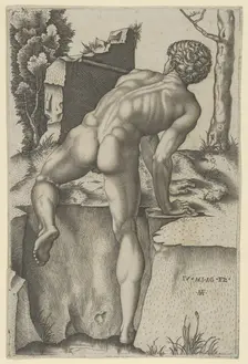 Naked man viewed from behind climbing a river bank, after Michelangelo, ca. 1509. Creator: Marcantonio Raimondi