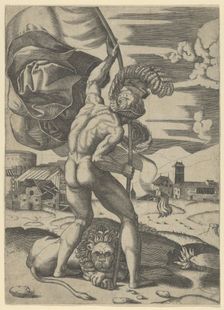 Naked man wearing an elaborate helmet viewed from behind holding a banner, a lion..., ca. 1500-1534. Creator: Marcantonio Raimondi